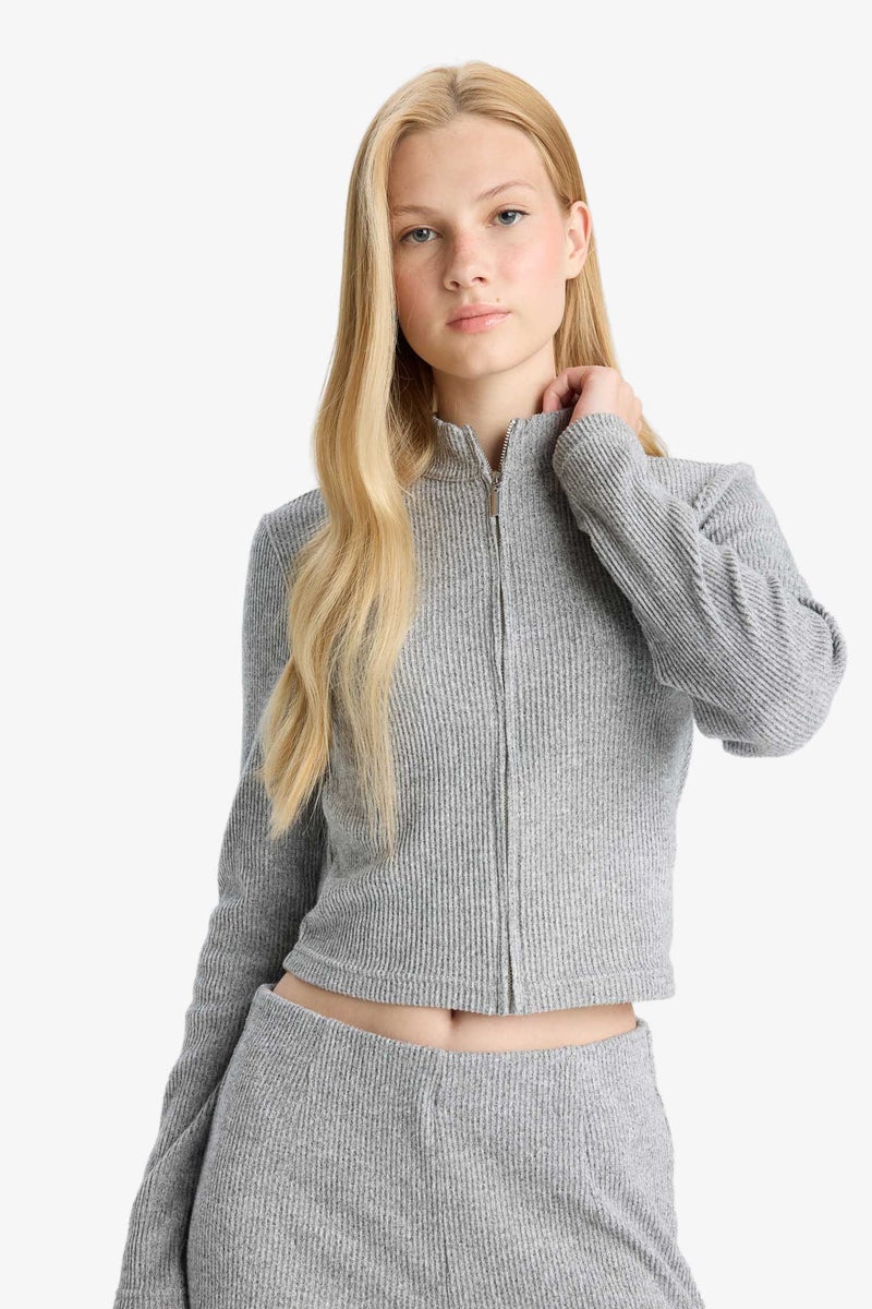 DeFacto Grey Woman Turtleneck Zip-Up Cardigan Casual - Image 3